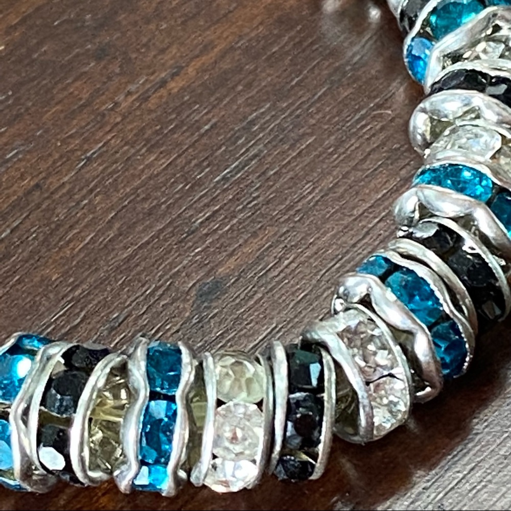 Glass Crystal Black, Blue and Silver Round Beaded Bracelet